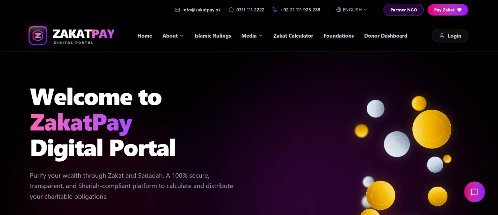 ZakatPay Digital Portal homepage with the headline "Welcome to ZakatPay Digital Portal" beside floating gold and silver coins.
